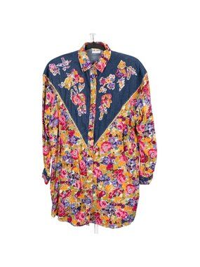 Jane Ashley VTG Floral Denim Western Shirt S 80s Sequin Embellished Button Up